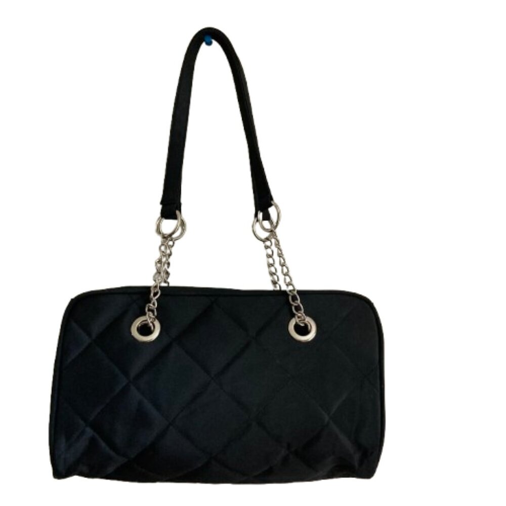 GIFT? Perry Ellis Shoulder Bag Black Quilted Nylon Fabric 2 Silver Chain Straps